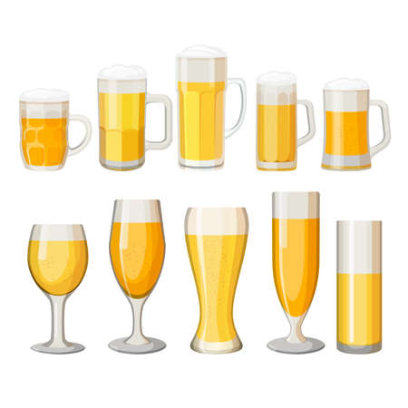 Collection of beer mugs with light alcohol beverage isolatedのイラスト素材