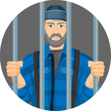 Caucasian unshaven man behind bars in round button isolated on whiteのイラスト素材