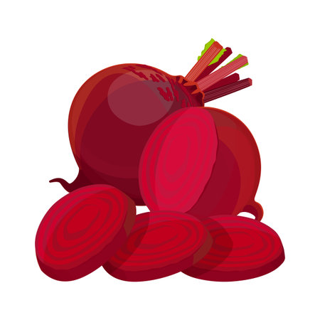 Purple beetroot whole half and slices isolated on white background.のイラスト素材