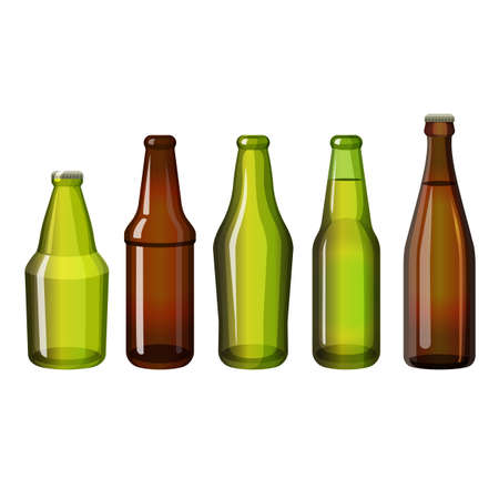 Realistic brown and green bottles of different shape vector illustrationのイラスト素材