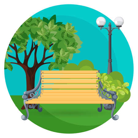 Wooden bench in park with bushes, trees and street lampのイラスト素材