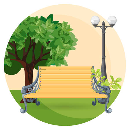 Wooden bench in park with bushes, trees and street lampのイラスト素材