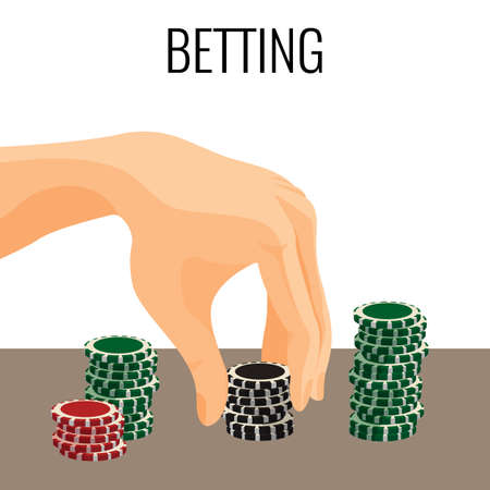 Betting concept. Hand moving poker chips isolated on whiteのイラスト素材