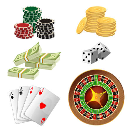 Poker chips, golden coins with dollar sign, piles of money, aces playing cards, wheel of fortune, pair of dice and isolated on white background.のイラスト素材