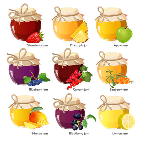 Jars with red strawberry, healthy pineapple, apple and blueberry jam.のイラスト素材
