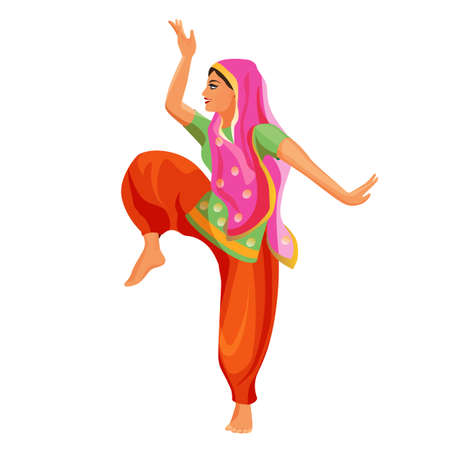 Solo dance performed by girl in silk shirt and trousers with covered head.のイラスト素材