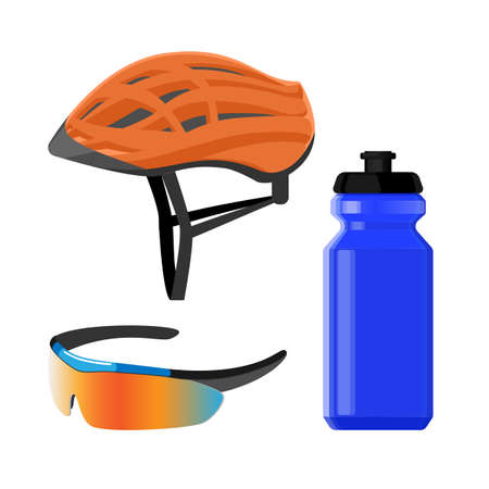 Cycling sportswear helmet, plastic drinking bottle, protective modern sunglasses.のイラスト素材