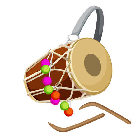 Drum percussion instrument double-headed dhol and wooden sticks vector.のイラスト素材