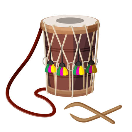 Drum percussion instrument double-headed dhol and wooden sticks vector.のイラスト素材