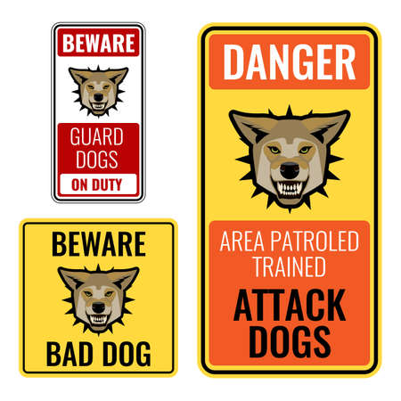 Set of stickers with beware bad dog signs vector illustration.のイラスト素材