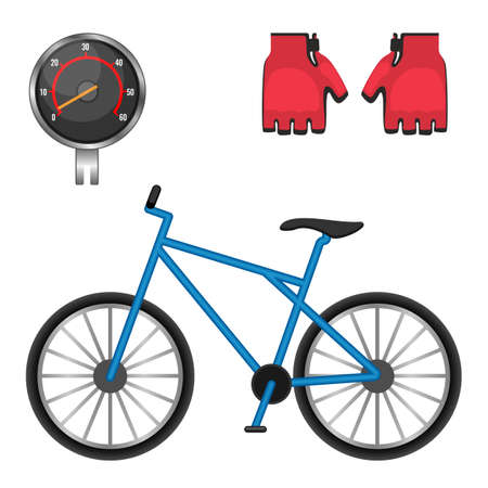 Cycling speedometer, protective leather gloves, modern bicycle icons vector illustrationのイラスト素材