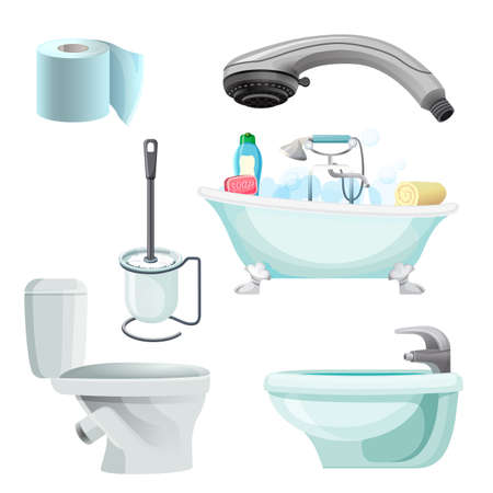 Set of bathroom equipment realistic vector illustration. Bidet, toilet, bathのイラスト素材