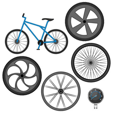 Set of different wheels, bike and speedometer isolated on whiteのイラスト素材