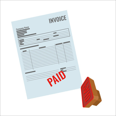 Invoice vector bill with red paid stamp close-up realistic illustration.