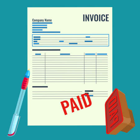 Invoice vector bill with red paid stamp close-up realistic illustration.のイラスト素材