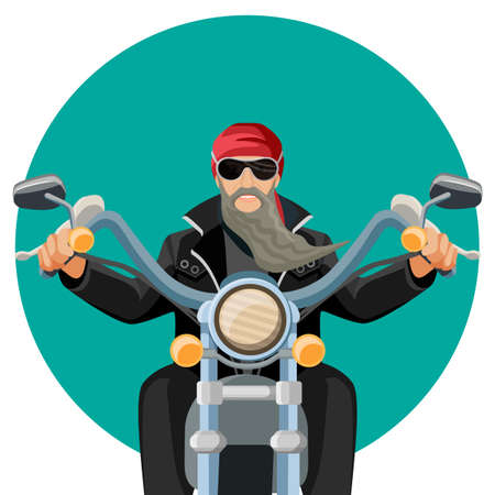 Biker wearing leather clothes with grey long beard riding motorcycle