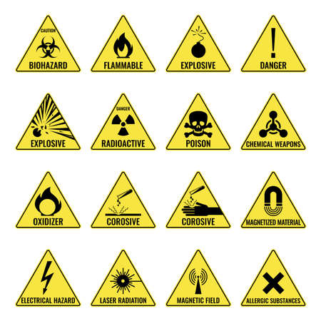 Hazard warning triangual yellow icon set on whiteのイラスト素材