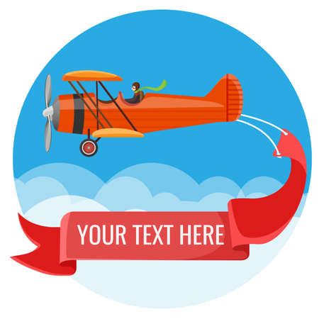Biplane with pilot and big long poster for inscriptionsのイラスト素材