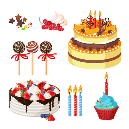 Birthday cakes and attributes colorful poster on whiteのイラスト素材