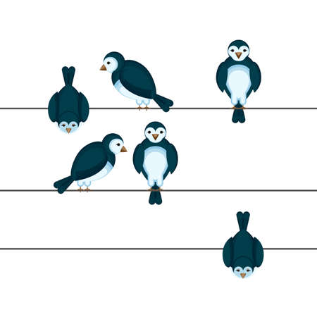 Birds sitting on wire in different positions vector illustrationのイラスト素材