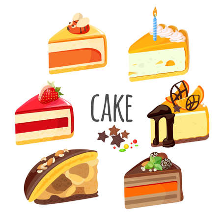 Set of cake pieces with fruits, white and black chocolateのイラスト素材