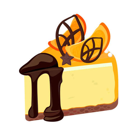 Piece of birthday cheesecake with chocolate topping decorated with fruitのイラスト素材