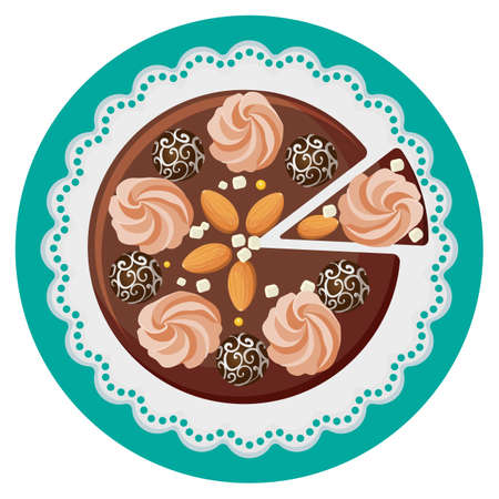 Birthday cake with cream flowers, chocolate balls, nuts, top viewのイラスト素材