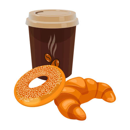 Fresh croissant, roll bun and takeaway coffee cup vector illustrationのイラスト素材