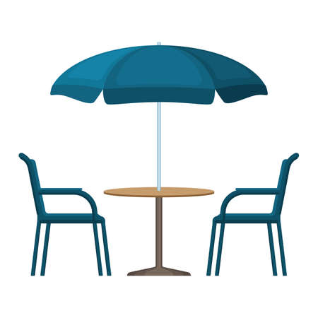 Bistro round table with open umbrella tent and two chairsのイラスト素材