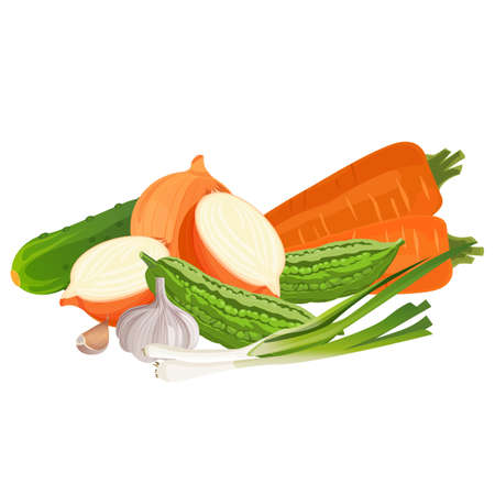 Set of vegetables zucchini, two carrots, whole and half fresh onionのイラスト素材