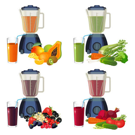 Blender and glass of smoothie organic fruits and vegetables set.のイラスト素材