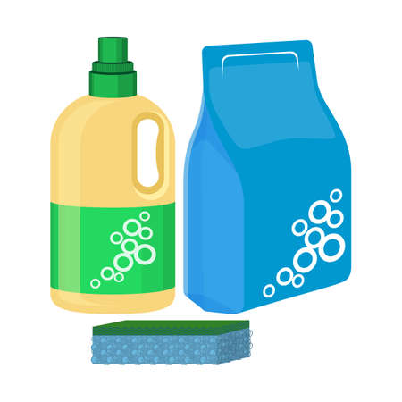 Bleach bottle with sponge, package of washing powder, detergent vectorのイラスト素材