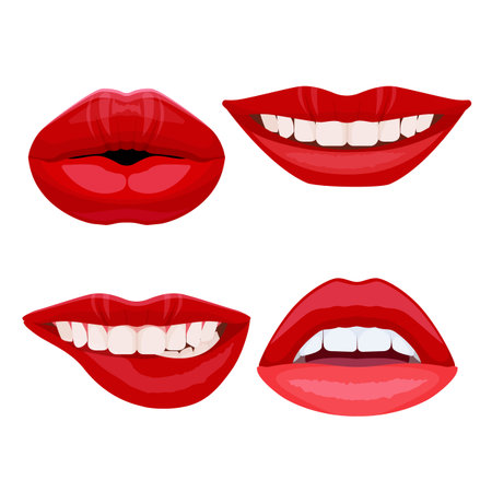 Set of bite lips with dental smile, sexy ideal teeth in open mouth.のイラスト素材