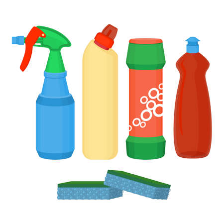 Cleaning spray, chemical washing liquid, detergent powder, bleach bottle vector.のイラスト素材