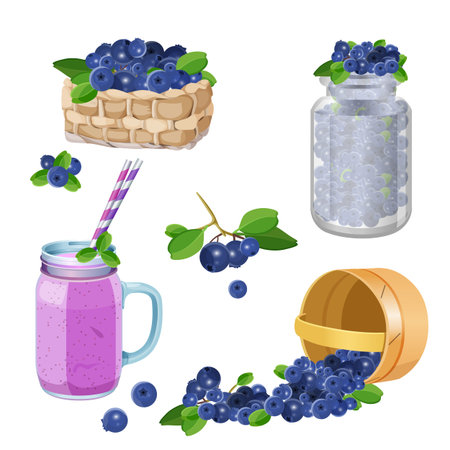 Wooden whicker baskets with blueberries, billberry smoozie in glass cup, berries in jar realistic vector illustration set isolated on white backgroundのイラスト素材