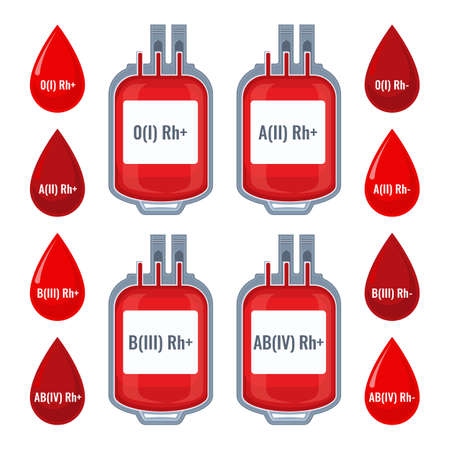 Drops with typed blood groups and donating donor service plastic bagsの写真素材