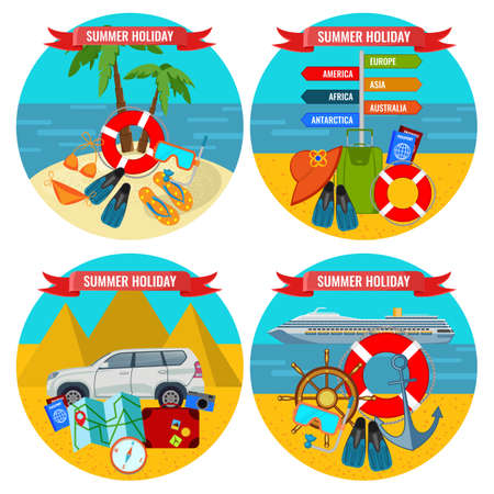 Set of summer holidays posters travelling by land and water concept.のイラスト素材