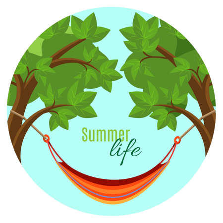 Summer life vector illustration with hammock hanging between green treesの写真素材
