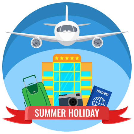 Summer holiday posters with travelling accessories, plane flyingの写真素材
