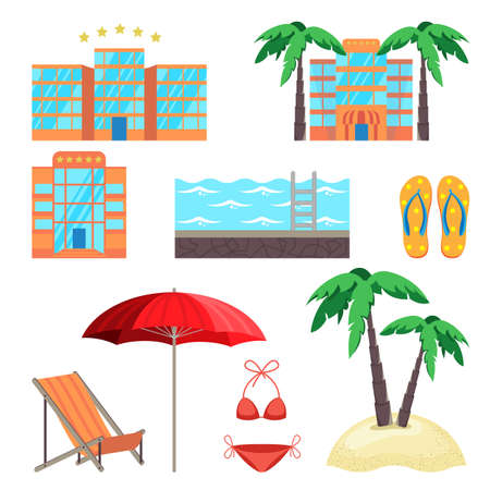 Summer holidays set with five stars hotel, swimming pool, beachの写真素材