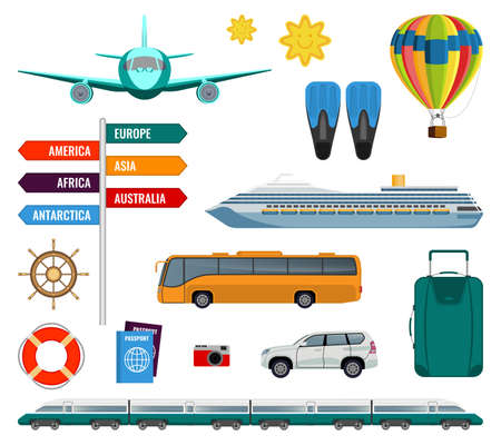 Set of summer holidays transport items vector illustration isolatedの写真素材