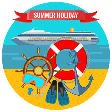 Summer holiday posters with travelling cruise liner, lifebuoyの写真素材