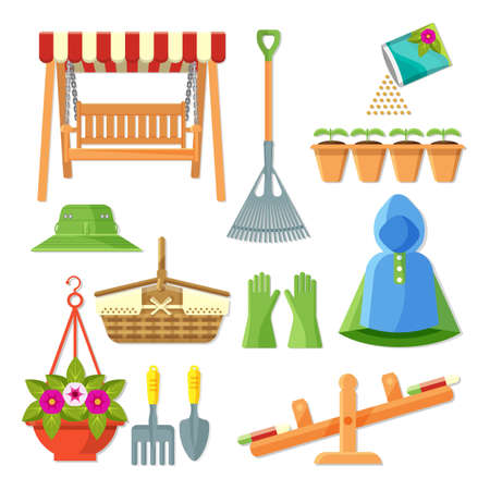 Set of garden equipment and decorative accessories vector illustrationの写真素材