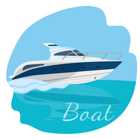 High speed motor boat sailing in the sea vector illustration isolated on blue. Traveling by water concept. Modern yacht realistic designのイラスト素材