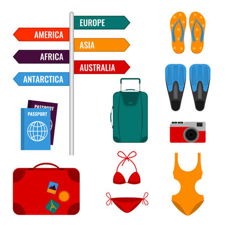 Summer holidays set with direction signs, luggage suitcases, swimming suits,のイラスト素材