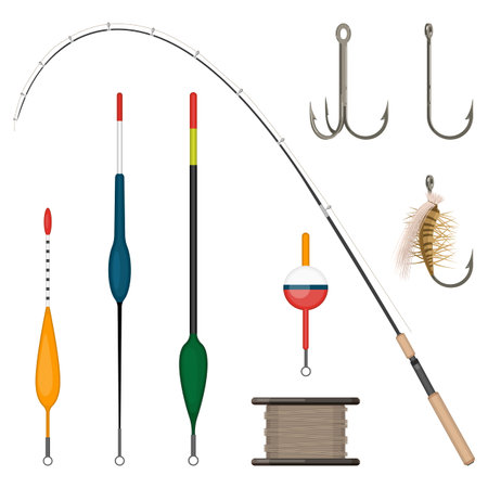 Set of fishing tackles colorful icons isolated on white background.のイラスト素材