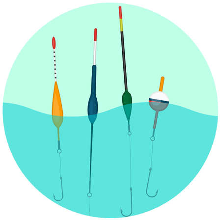 Set of colorful bobbers swimming in water in round button.のイラスト素材