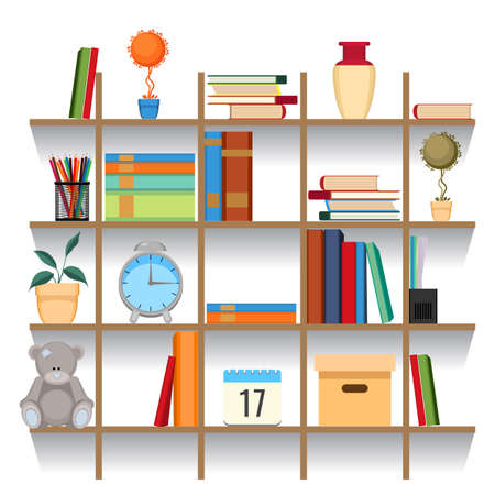 Set of office accessories on shelf vector illustration. Stacked bookのイラスト素材