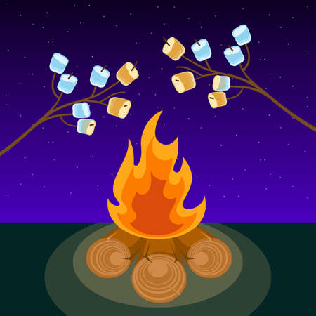 Marshmallow on skewers cooked on bonfire at night vector illustrationのイラスト素材