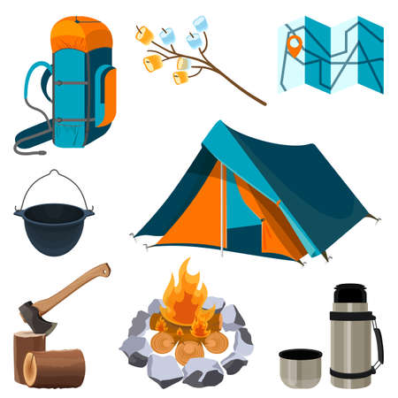Set of camping elements isolated on white. Vector illustrationのイラスト素材